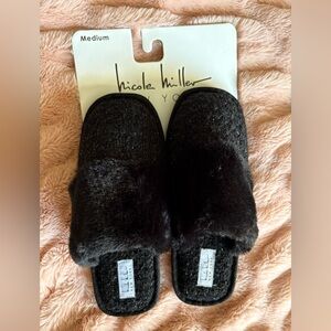 Nicole Miller Black Plush Slippers
